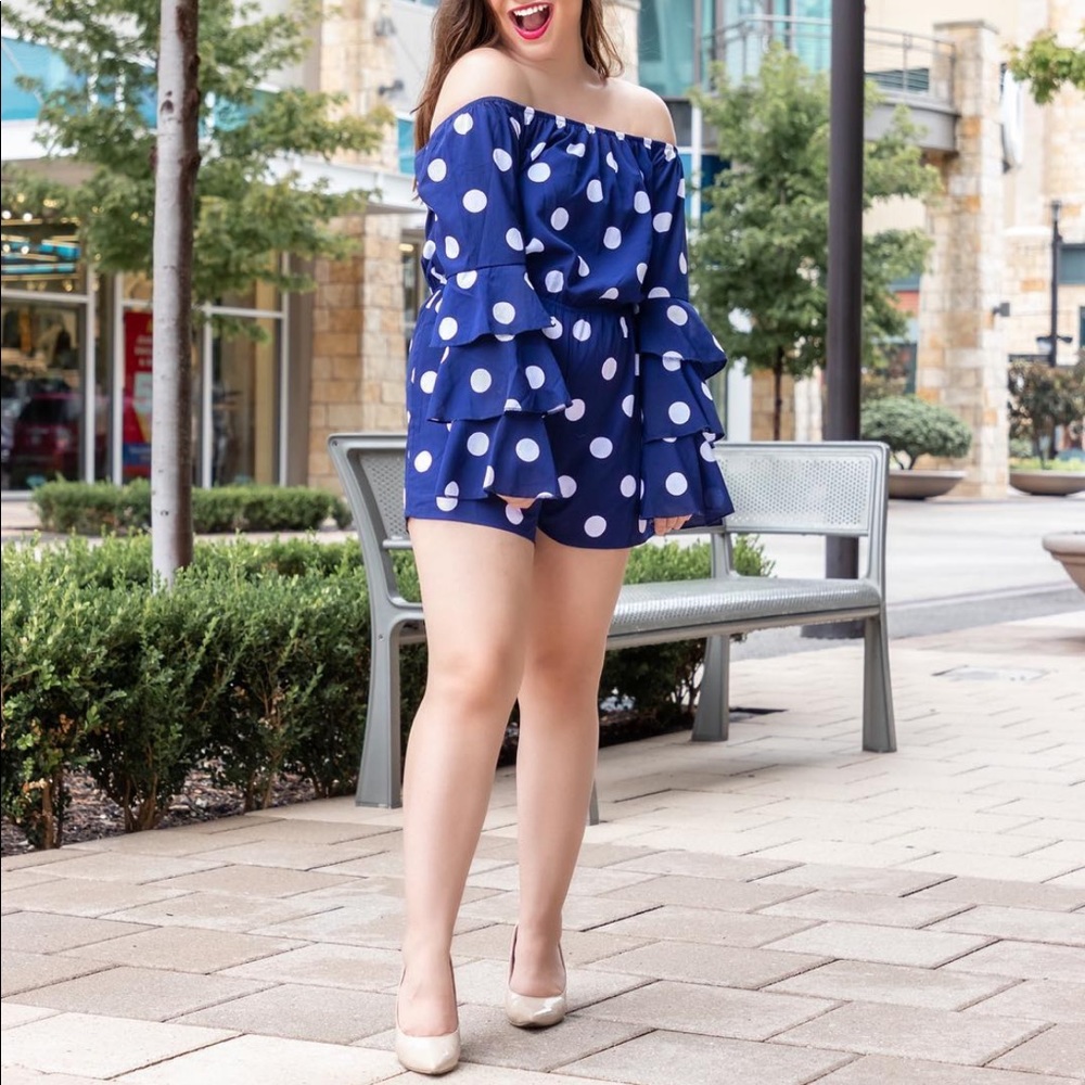 Elegant Off-Shoulder Navy Polka Dot Romper